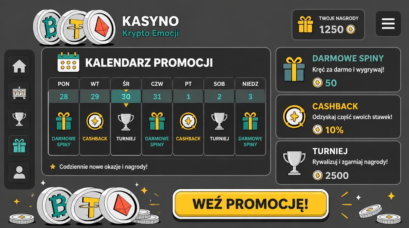 grafika ukazująca różne promocje kasynowe: free spiny, cashback, turnieje