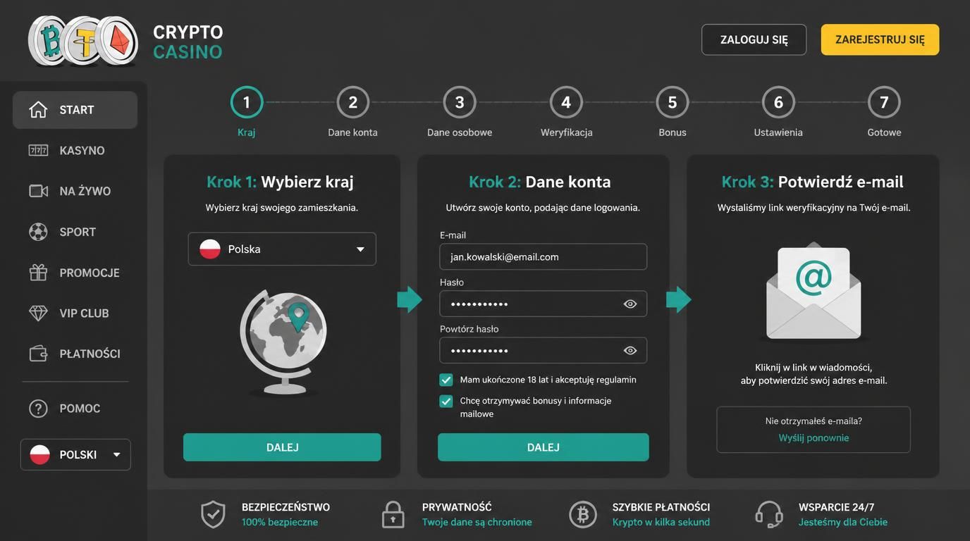  Wizualizacja etapów rejestracji konta Crypto Casino w Polsce. 