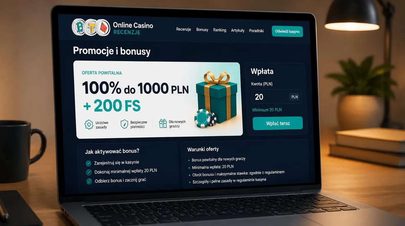 Ekran promocji z ofertą 100% do 1000 PLN, 200 darmowymi spinami i informacją o depozycie 20 PLN