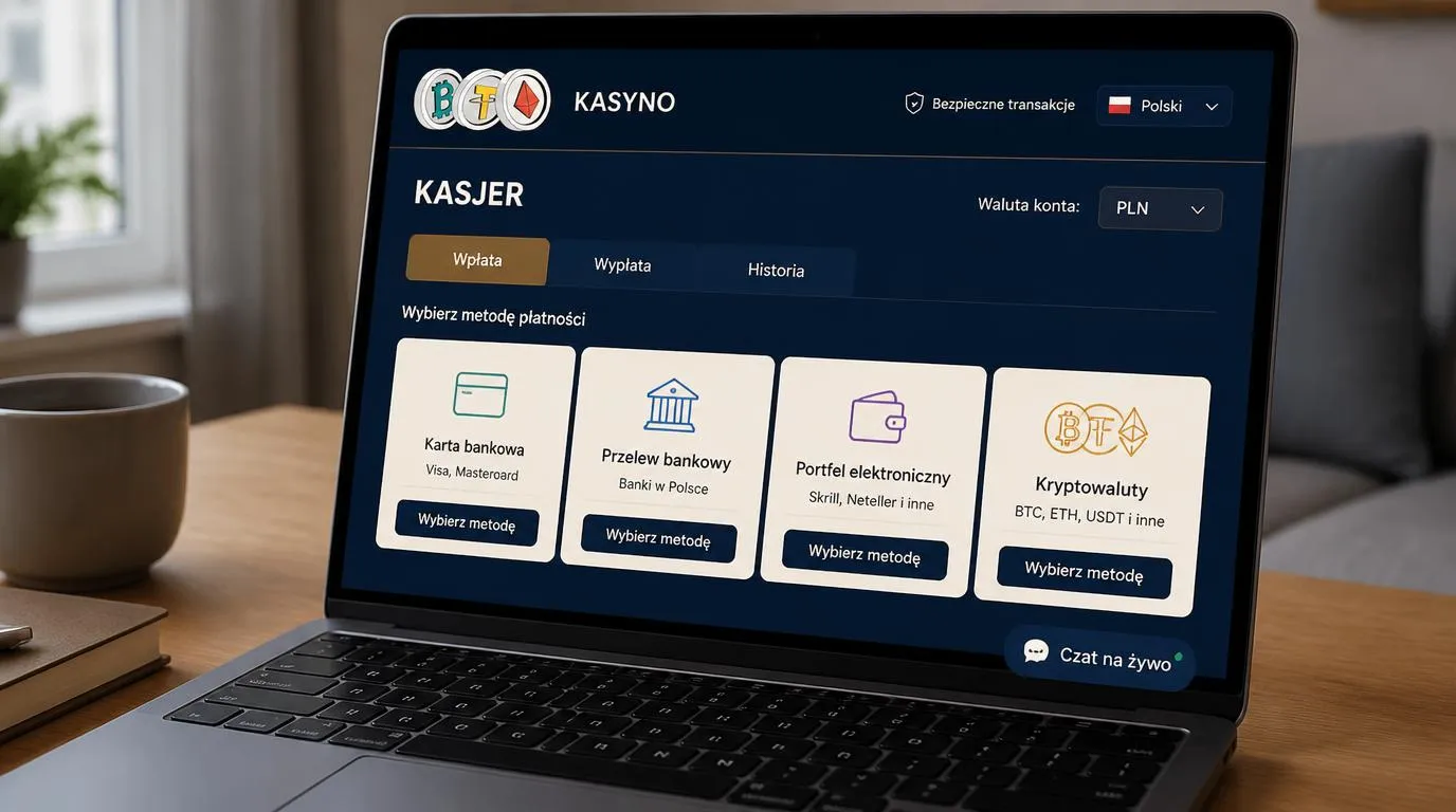 Ekran kasy kasyna z wyborem języka polskiego, waluty PLN i metody płatności