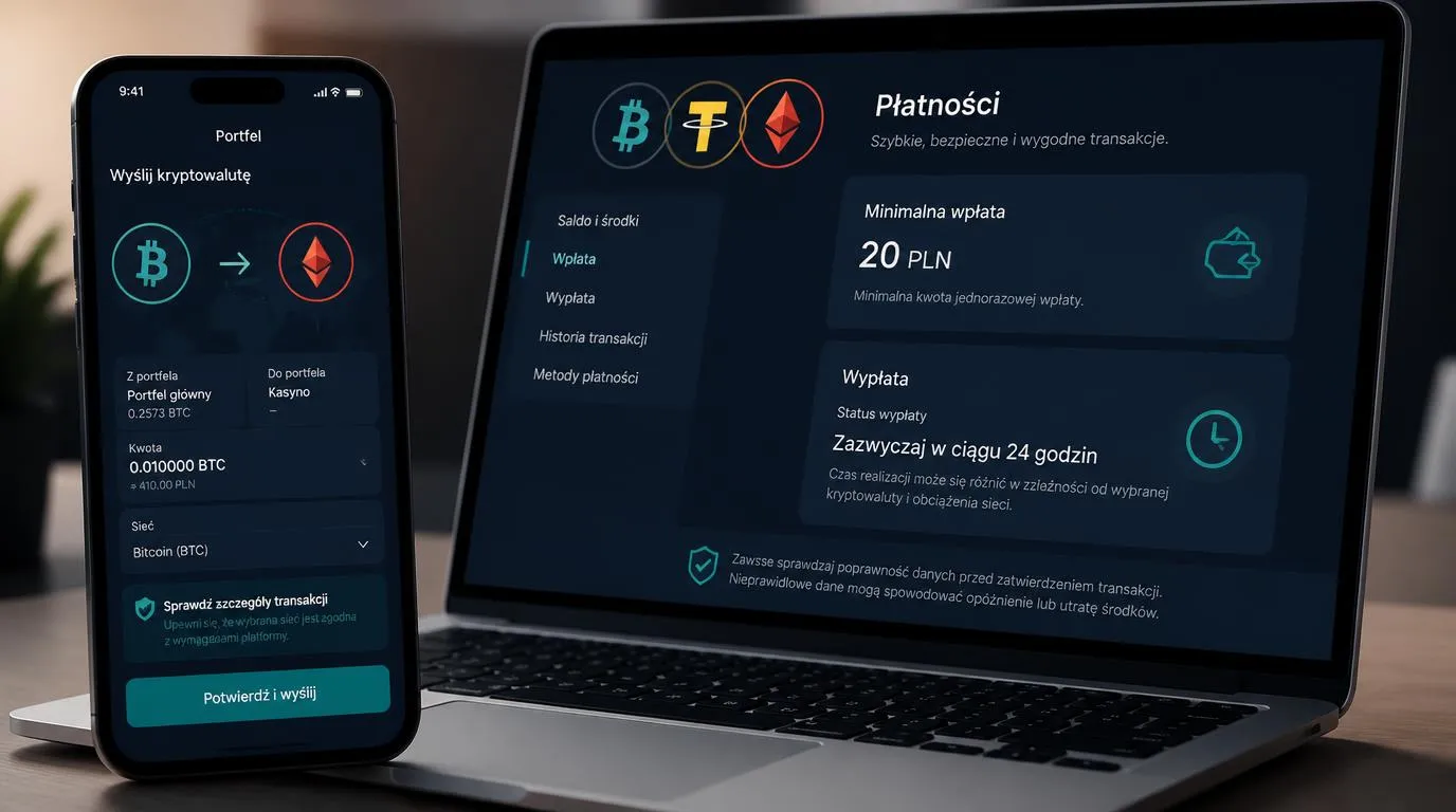 Telefon z portfelem kryptowalutowym i ekranem wpłaty 20 PLN oraz wypłaty do 24 godzin