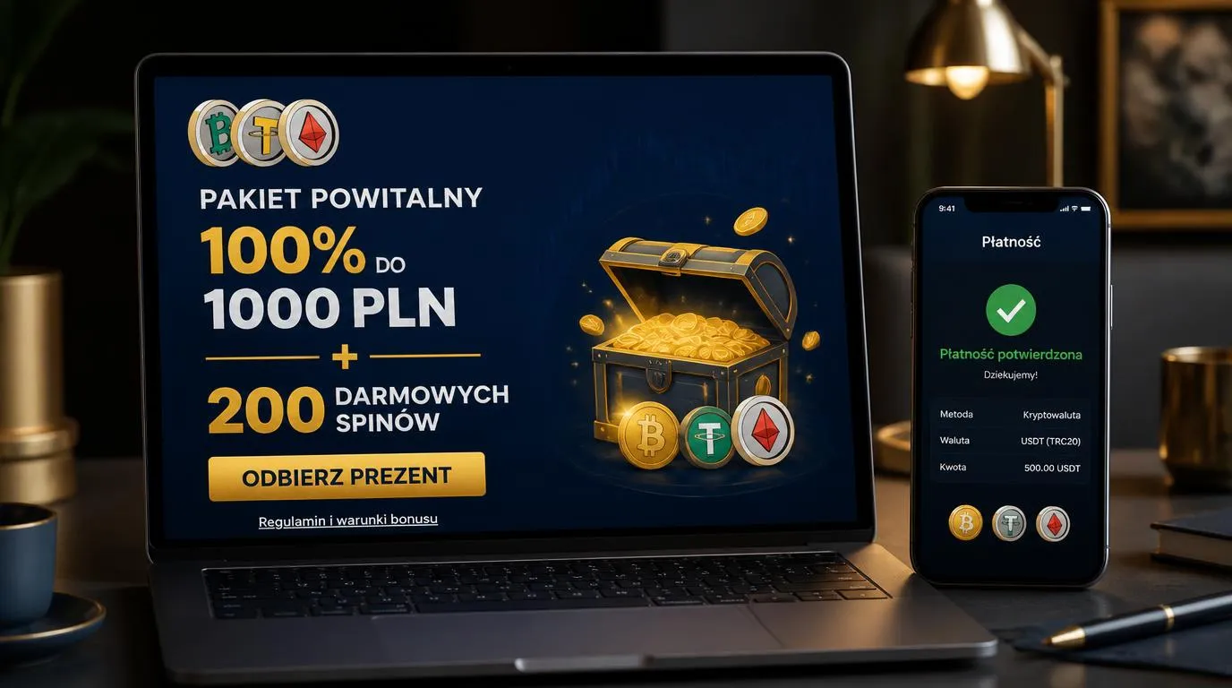 Ekran z ofertą powitalną kasyna i panelem płatności kryptowalutowej
